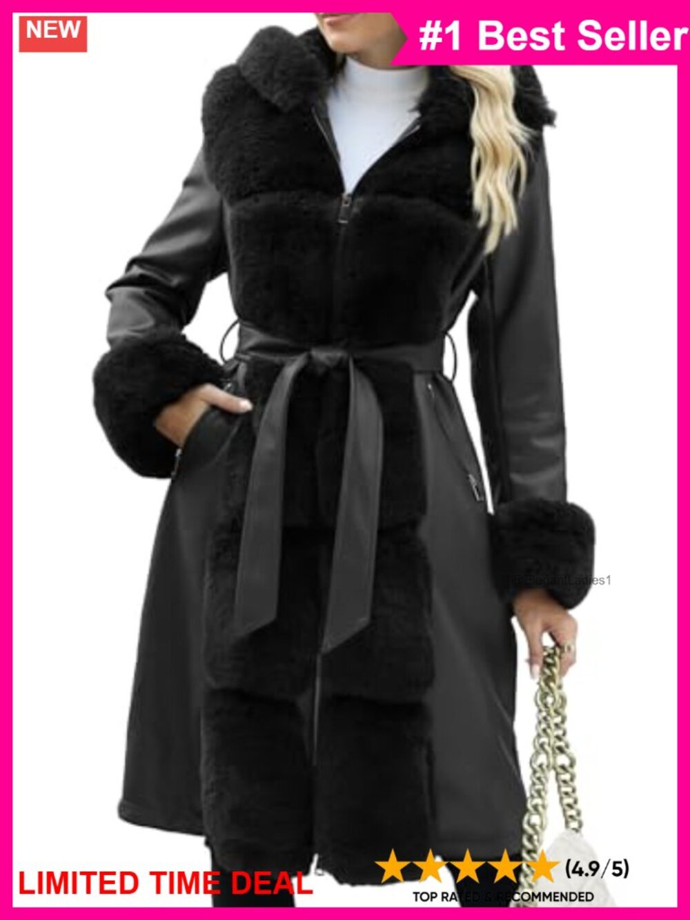 Faux Leather Hooded Parka Coat Furry Trim Belted Knee Length